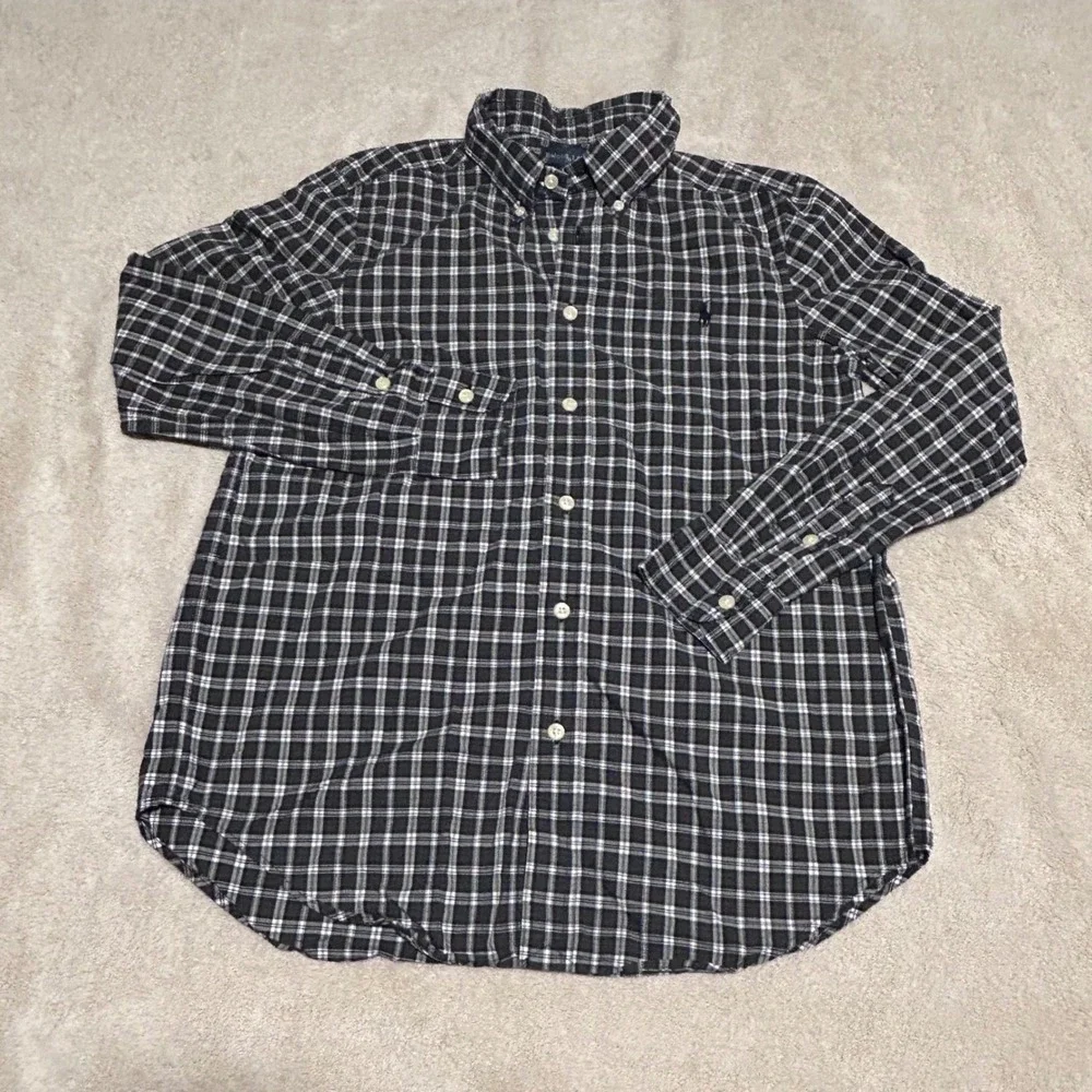 Ralph Lauren Button Down Shirt Boys L 14-16 Green Plaid Long Sleeve Pony Logo